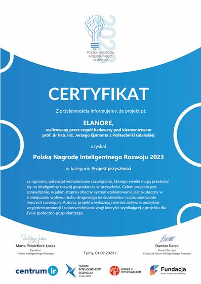 PNIR_2023_Certyfikat_Nagrody_Projekt_ELANORE